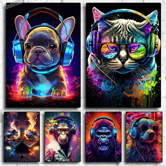 DJ Monkey Cat Dog Poster