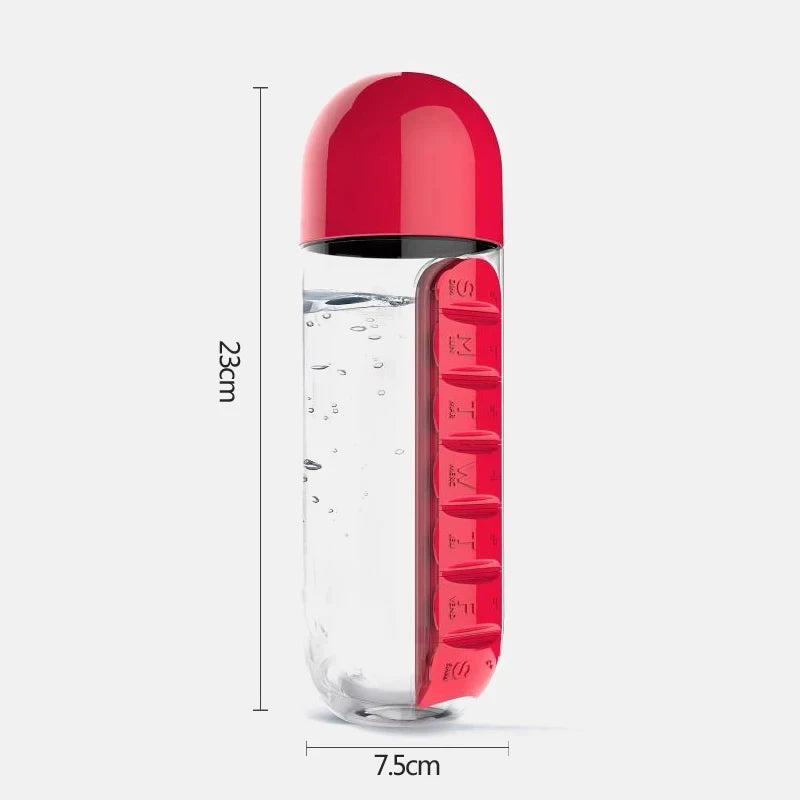 2-in-1 600ml Wasserflasche mit 7-Fach Pillenbox