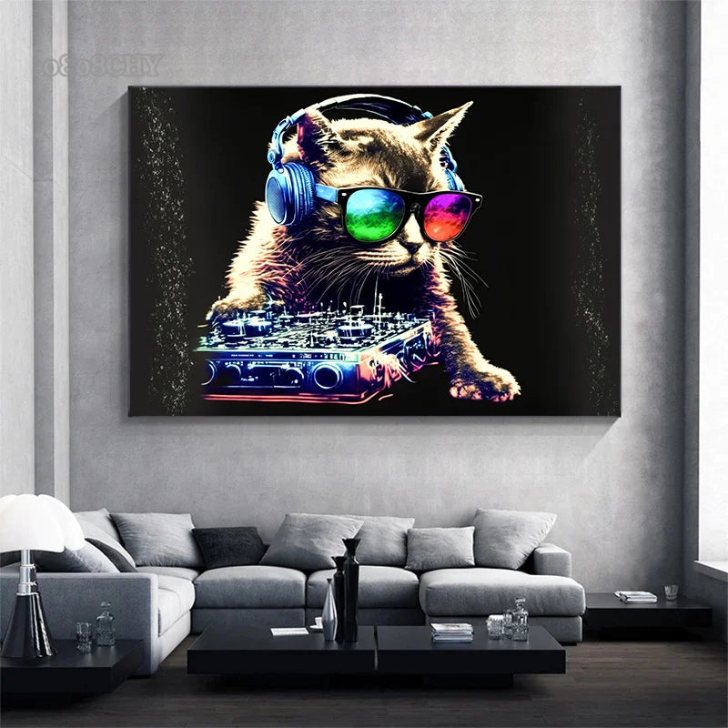 DJ Monkey Cat Dog Poster