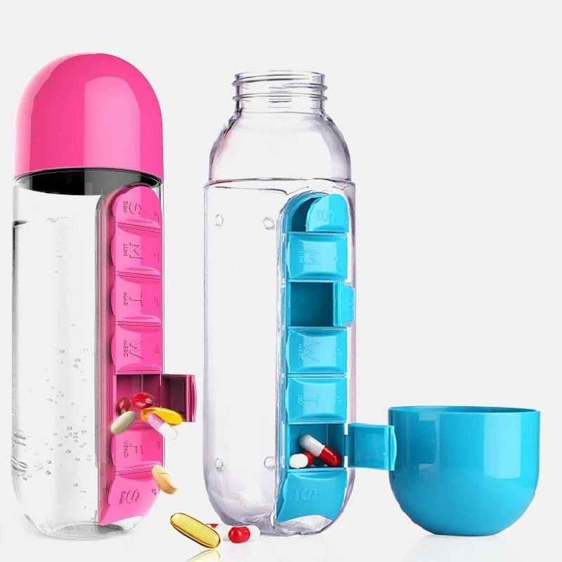 2-in-1 600ml Wasserflasche mit 7-Fach Pillenbox