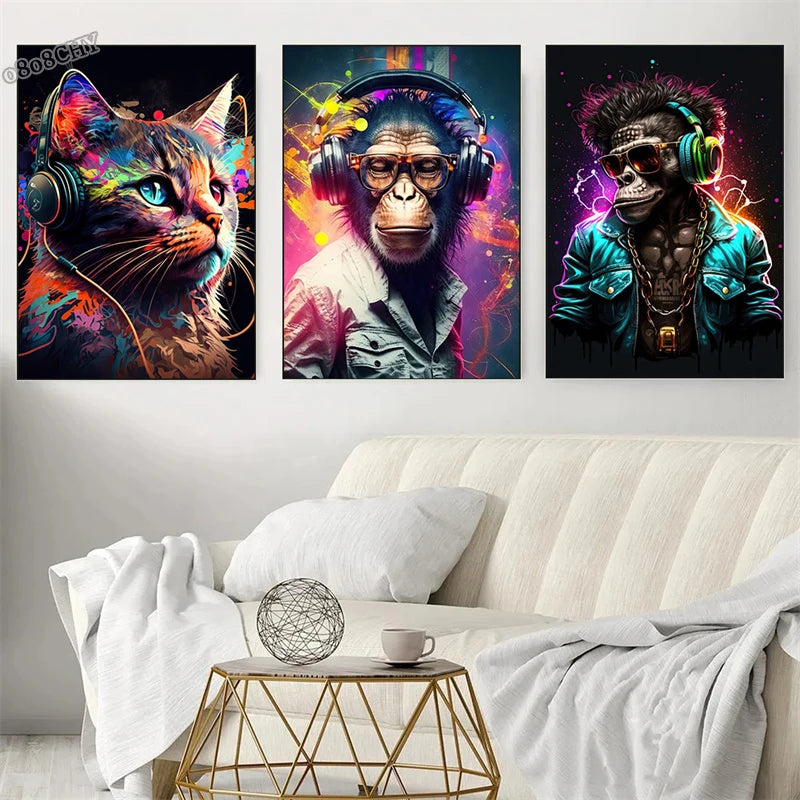 DJ Monkey Cat Dog Poster